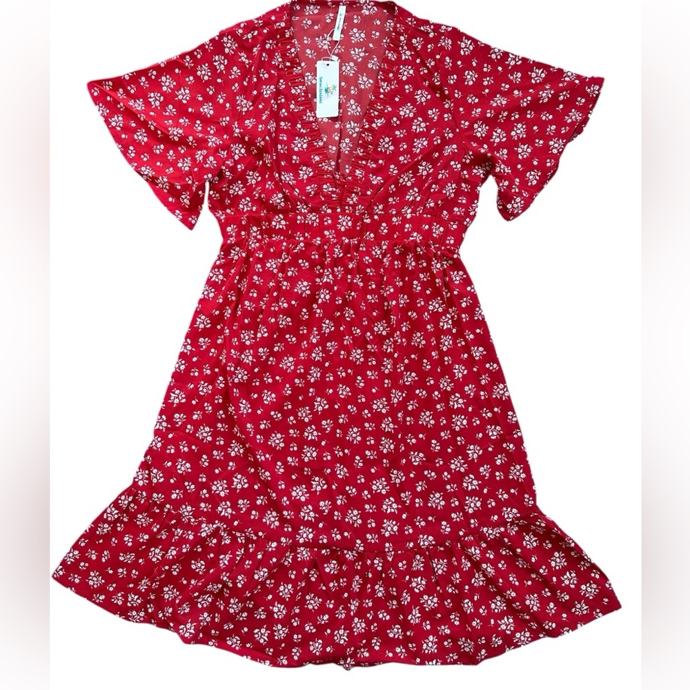 Beachsissi Floral Mini Dress Womens L Red White Ruffle V-Neck Cutout Back NWT